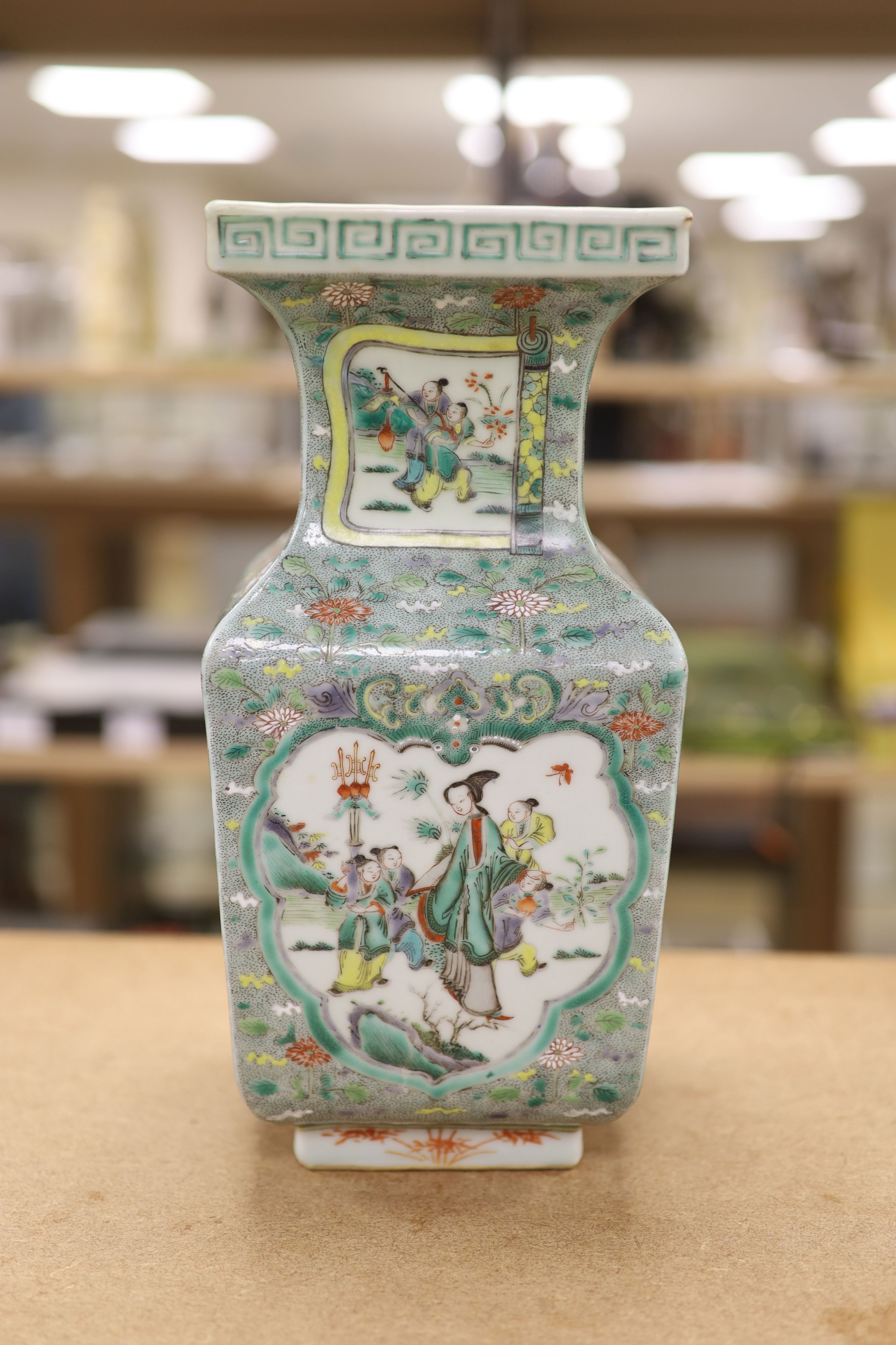 A Chinese famille verte square baluster vase, 19th century, height 32cm, restored neck